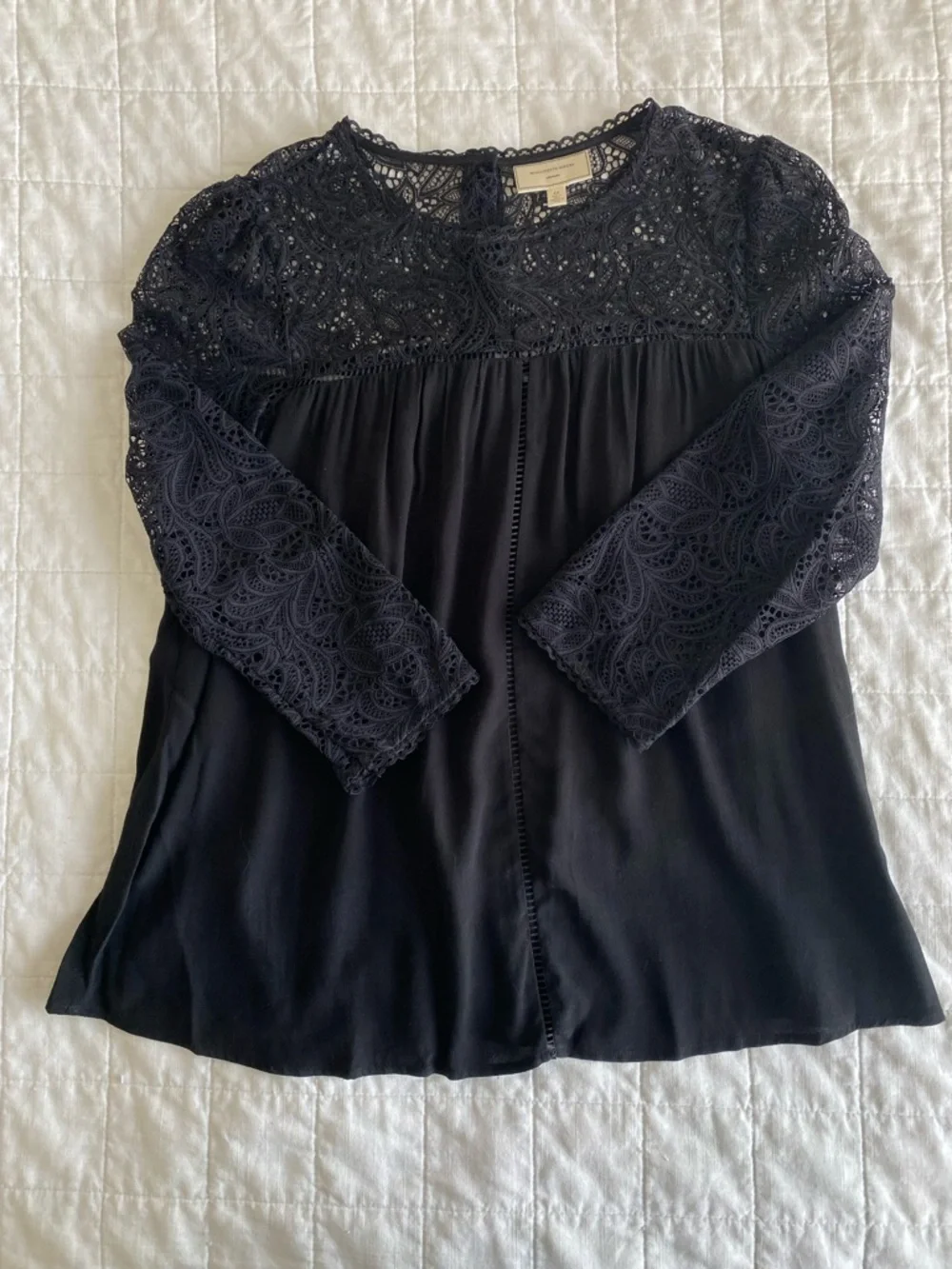 Anthropologie Moulinette Soeurs Black Lace Yoke & Sleeve Blouse Size 12 - Picture 10 of 14